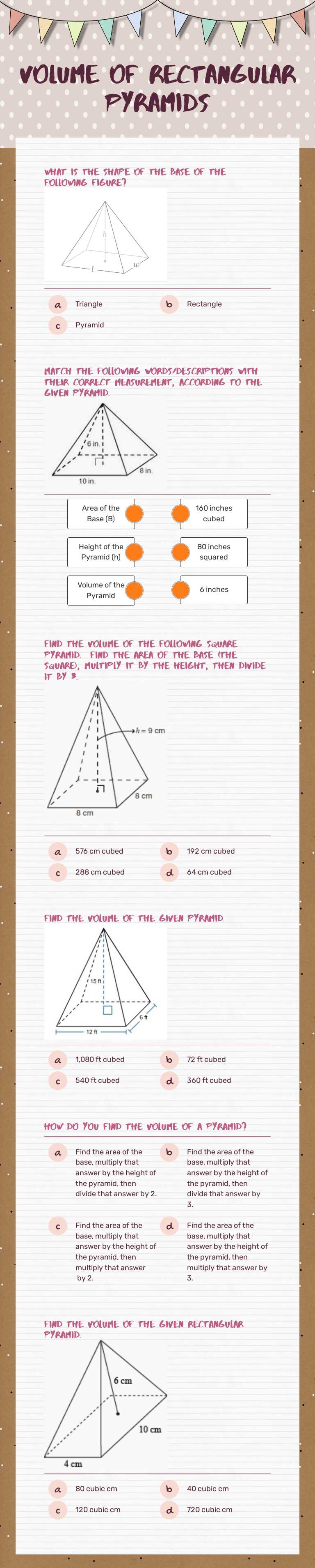 Volume of Rectangular Pyramids worksheet preview image