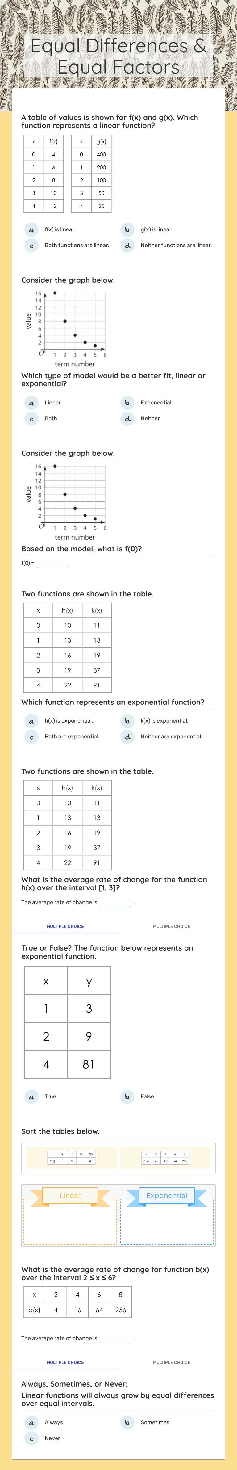 Equal Differences & Equal Factors worksheet preview image