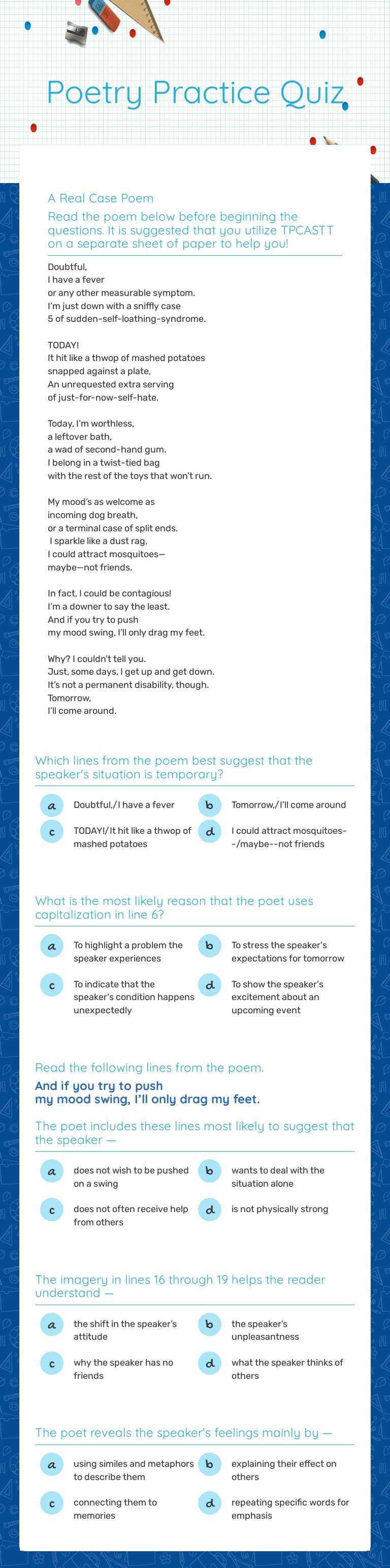 Poetry Practice Quiz worksheet preview image