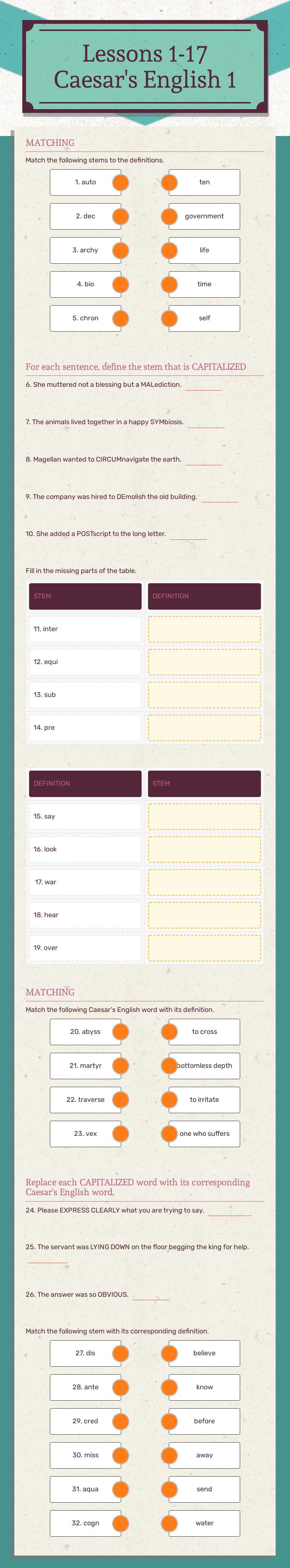 Lessons 1-17 Caesar's English 1 worksheet preview image