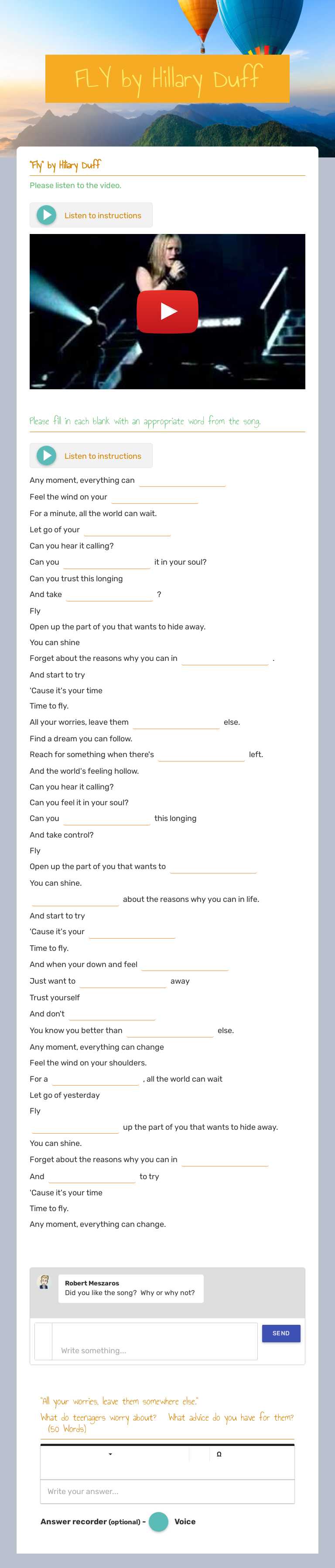 FLY by Hillary Duff worksheet preview image