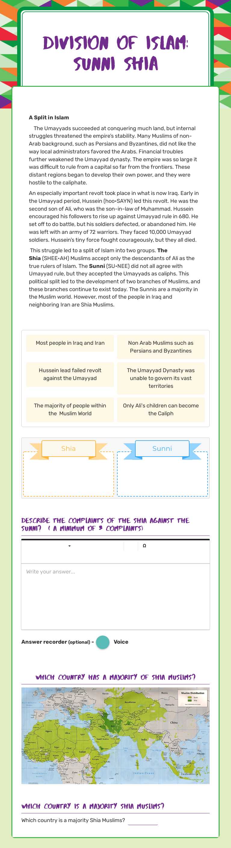 Division of Islam: Sunni Shia worksheet preview image