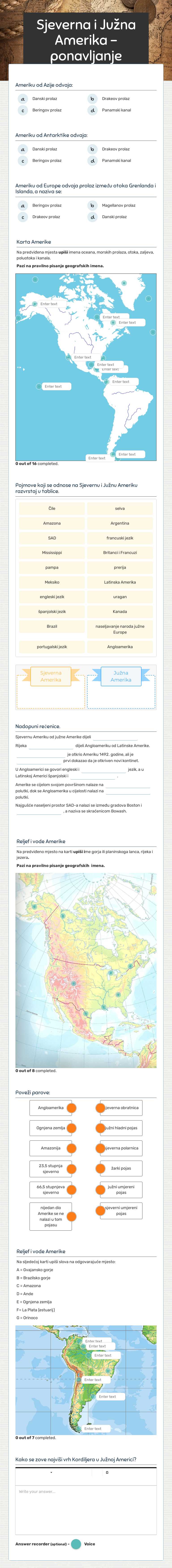Sjeverna i Južna Amerika - ponavljanje worksheet preview image