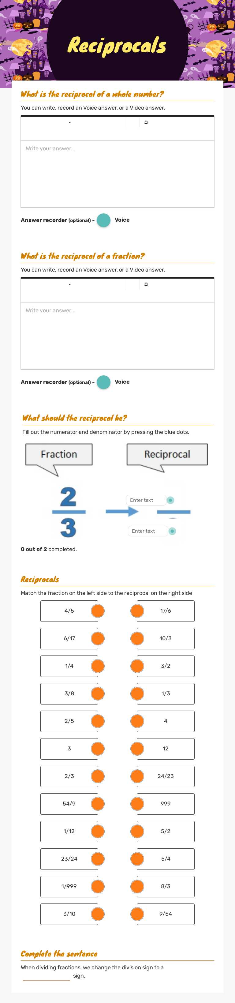 Reciprocals worksheet preview image