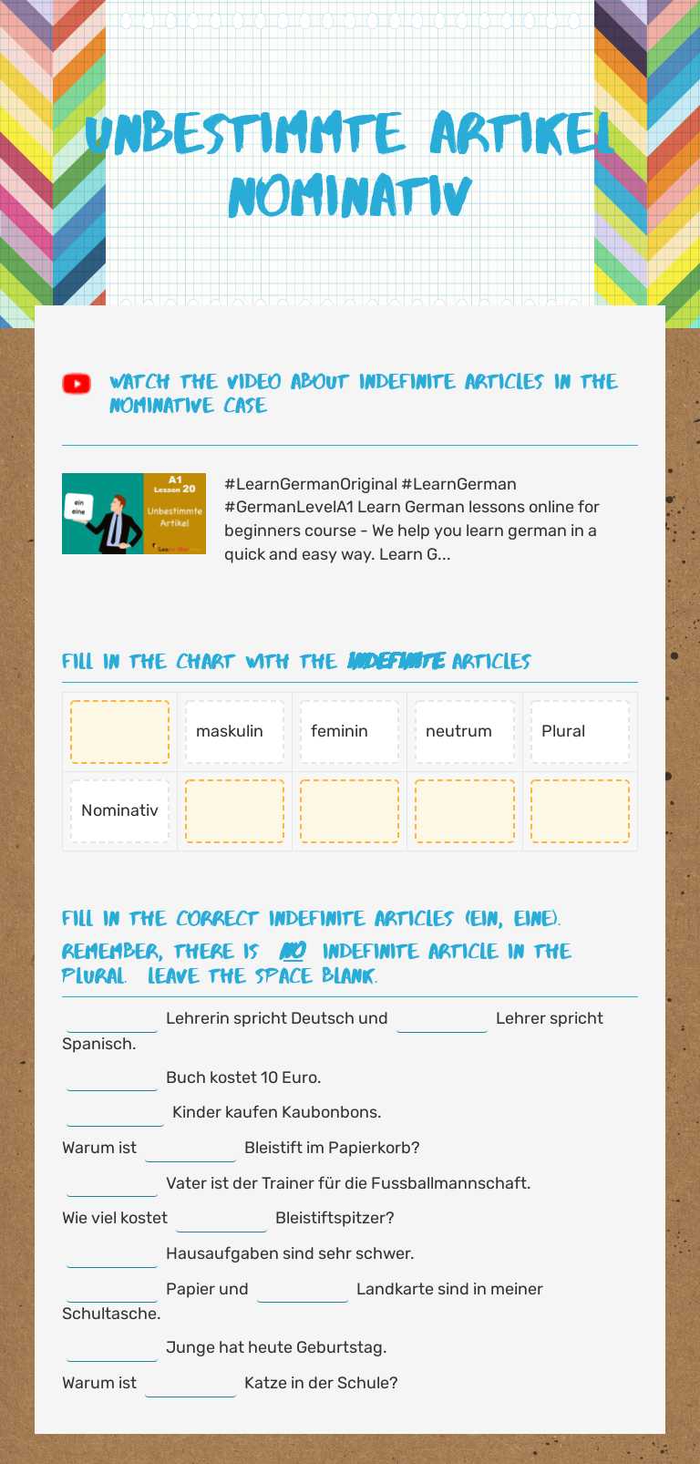 UNBESTIMMTE ARTIKEL NOMINATIV worksheet preview image