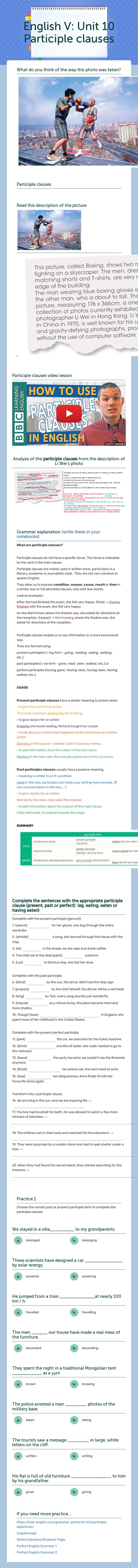 English V: Unit 2 Participle clauses worksheet preview image