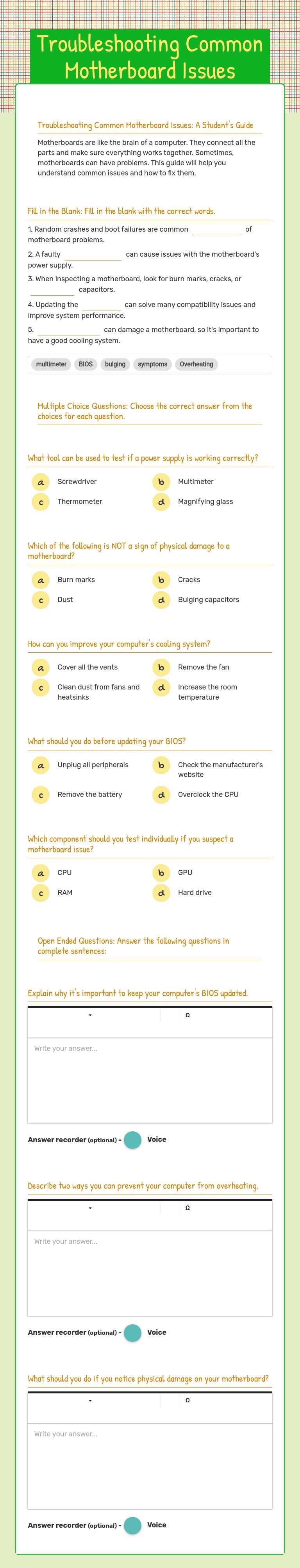 Troubleshooting Common Motherboard Issues worksheet preview image