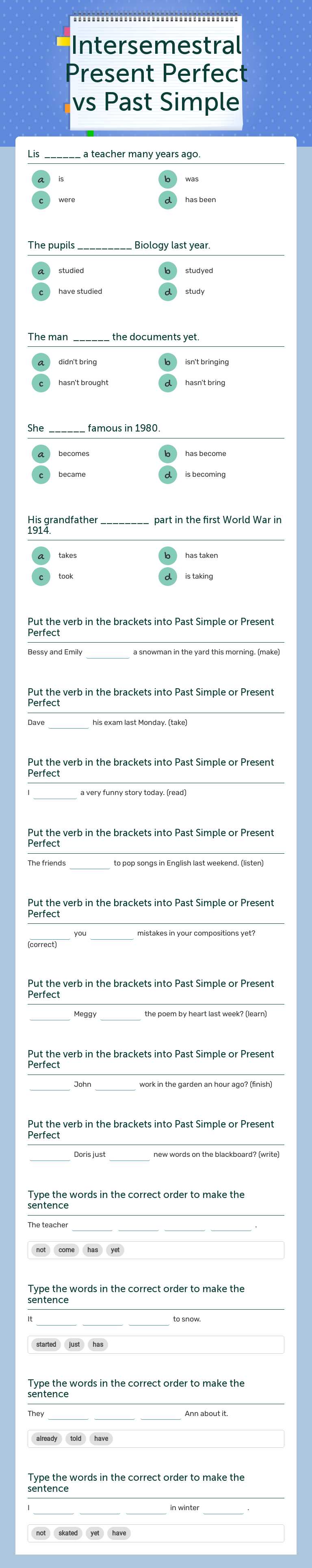Intersemestral Present Perfect vs Past Simple worksheet preview image