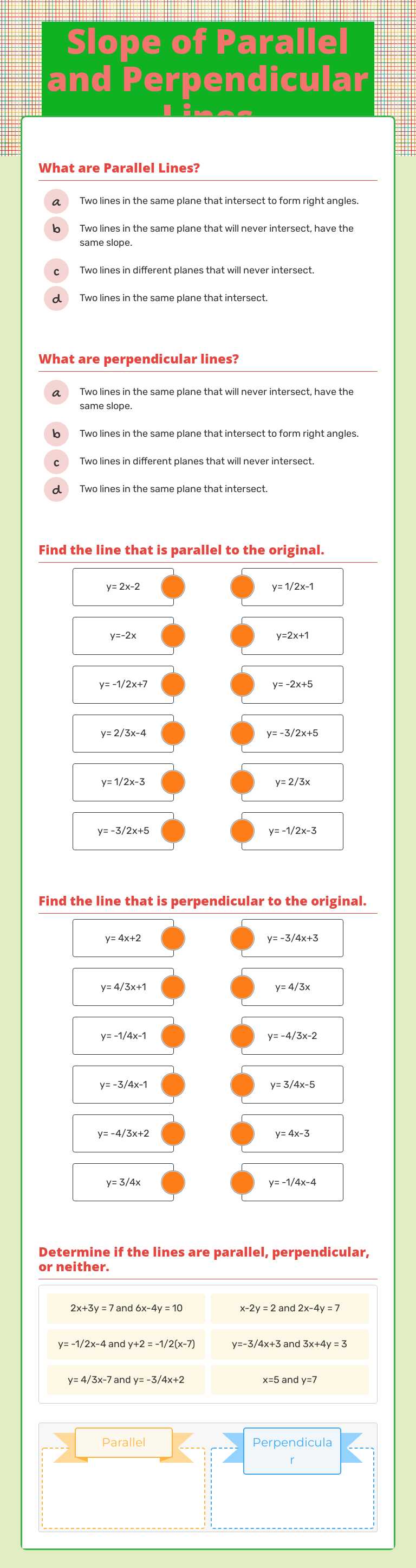 Slope of Parallel and Perpendicular Lines Grade 10 worksheet preview