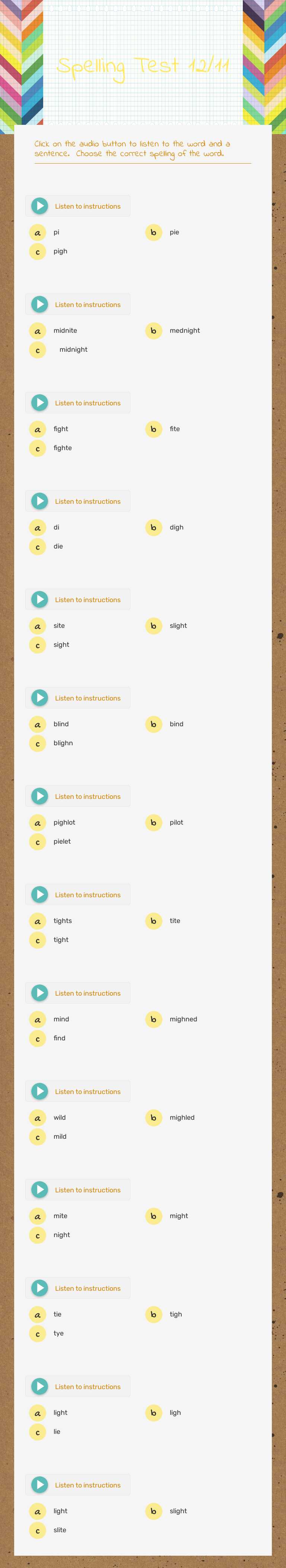 Spelling Test 12/11 worksheet preview image