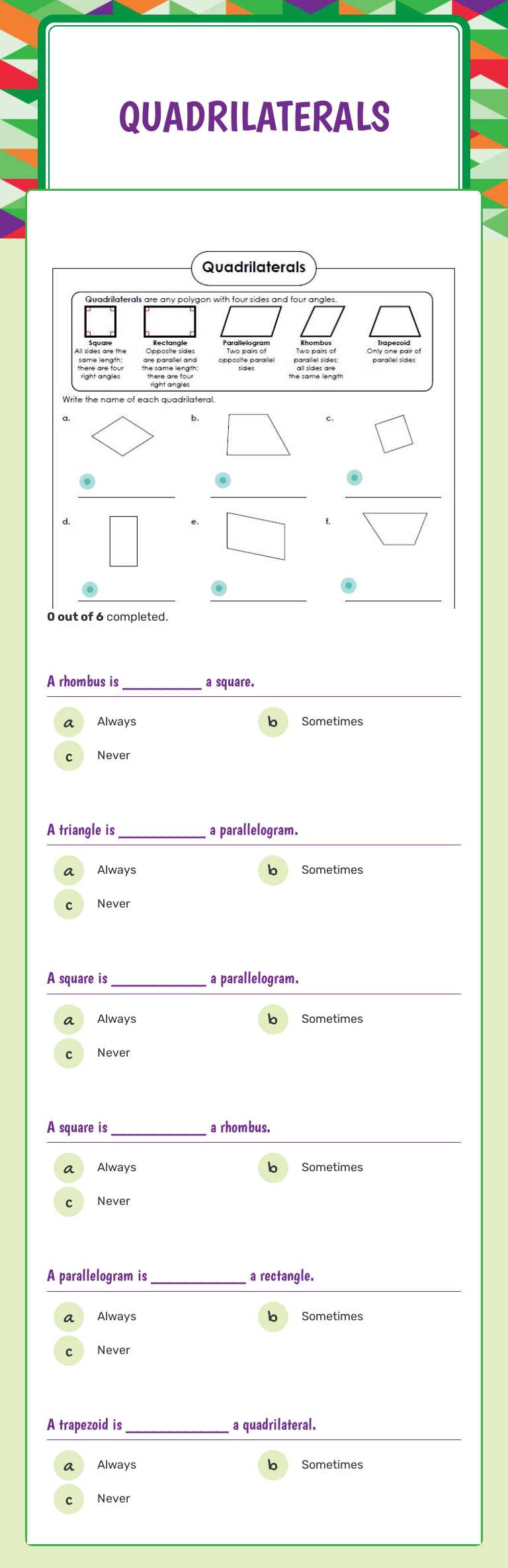 Quadrilaterals worksheet preview image