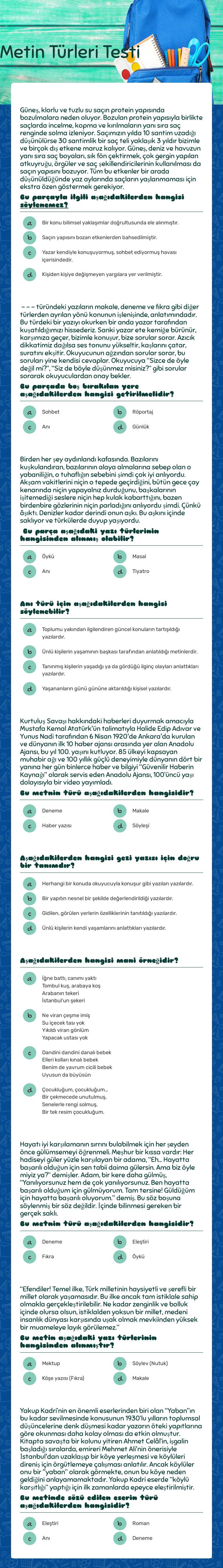 Metin Türleri Testi Grade 8 worksheet preview