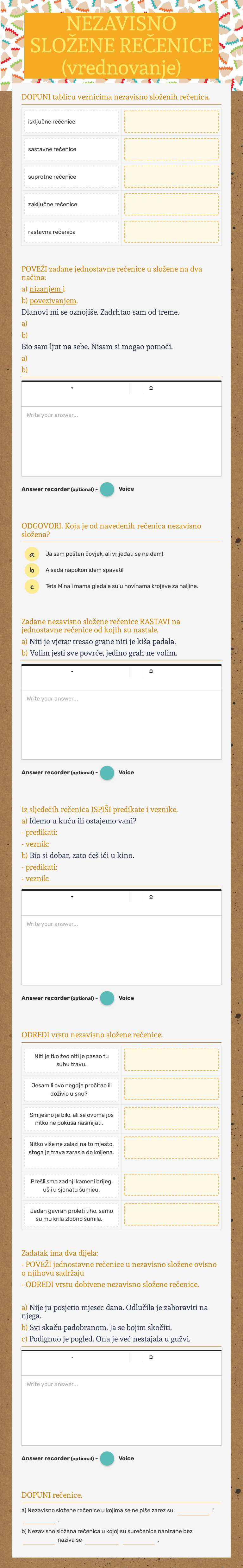 NEZAVISNO SLOŽENE REČENICE (vrednovanje) Grade 7 worksheet preview