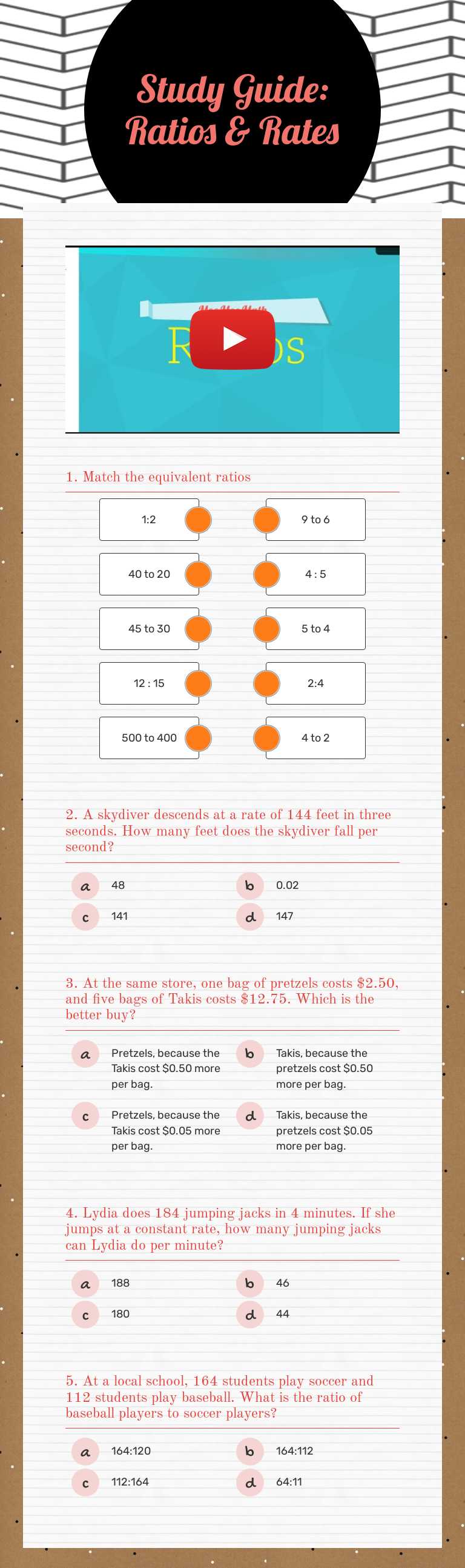 Study Guide: Ratios & Rates worksheet preview image