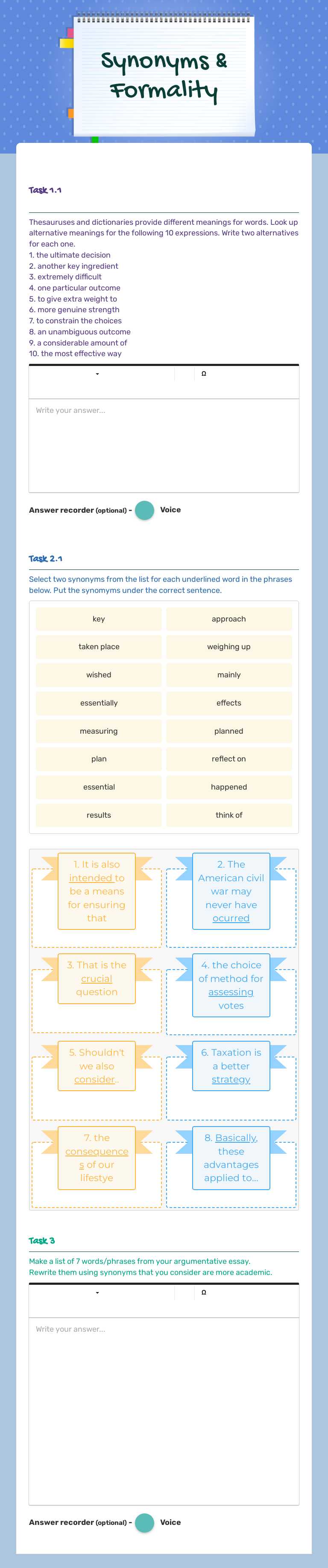 Synonyms & Formality worksheet preview image