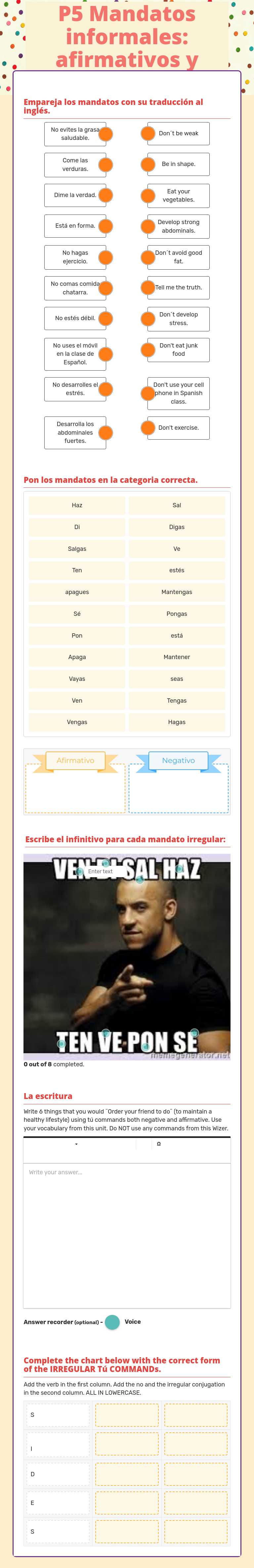 P5 Mandatos informales: afirmativos y negativos worksheet preview image