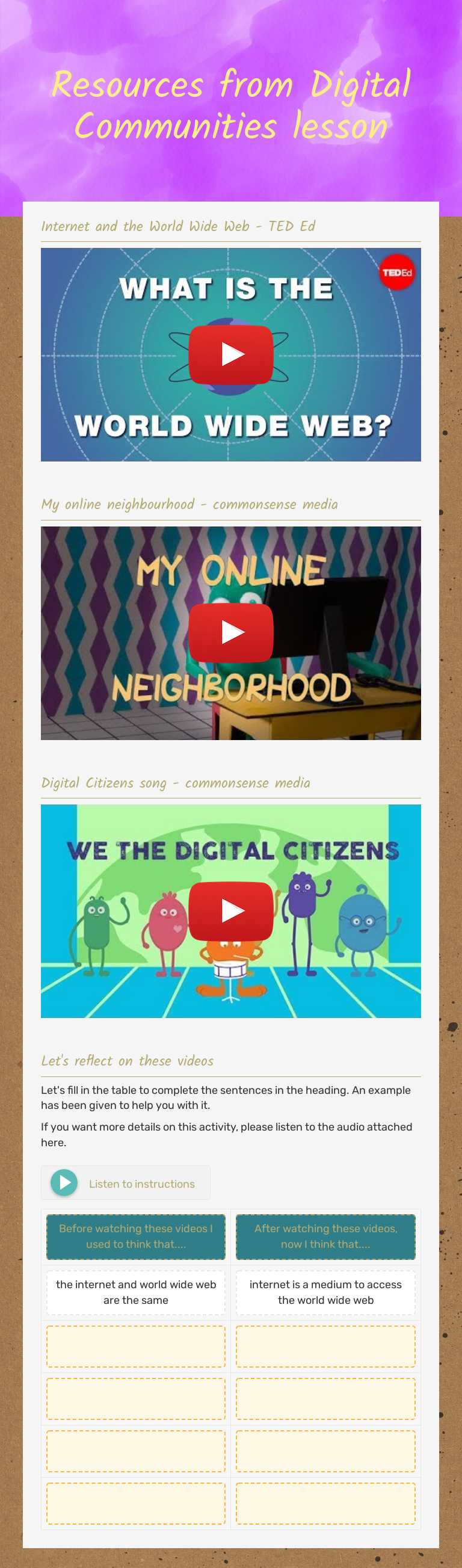 Resources from Digital Communities lesson Grade 3 worksheet preview