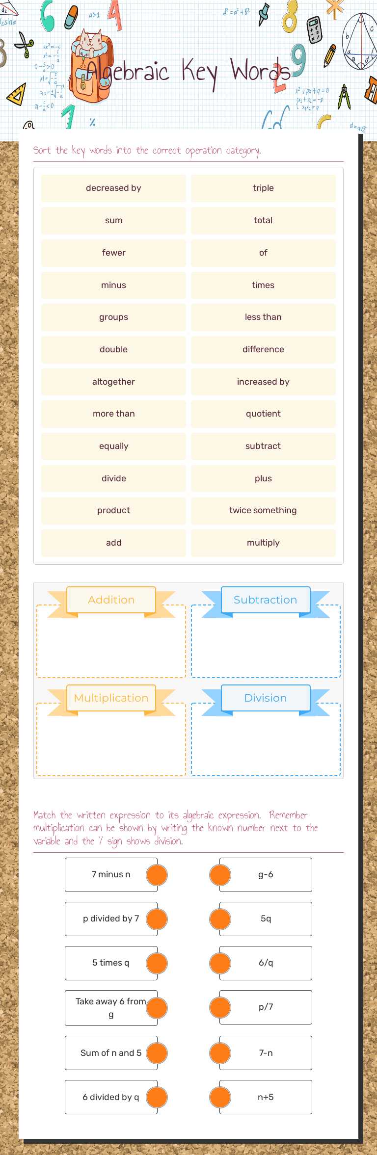 Algebraic Key Words worksheet preview image