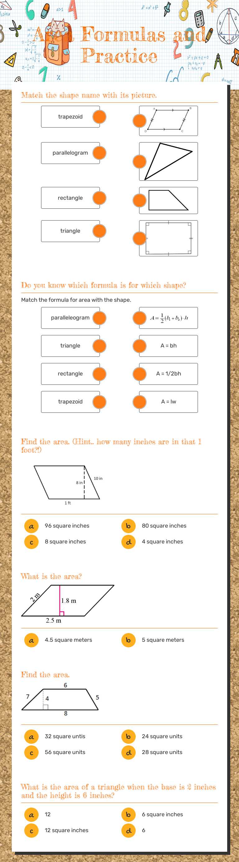 Area   
  Formulas  
 and Practice worksheet preview image