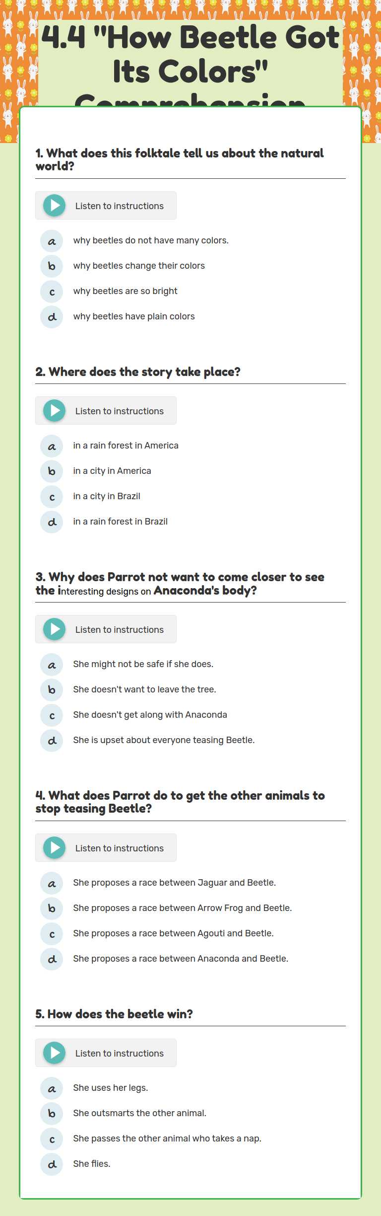 4.4 "How Beetle Got Its Colors" Comprehension worksheet preview image