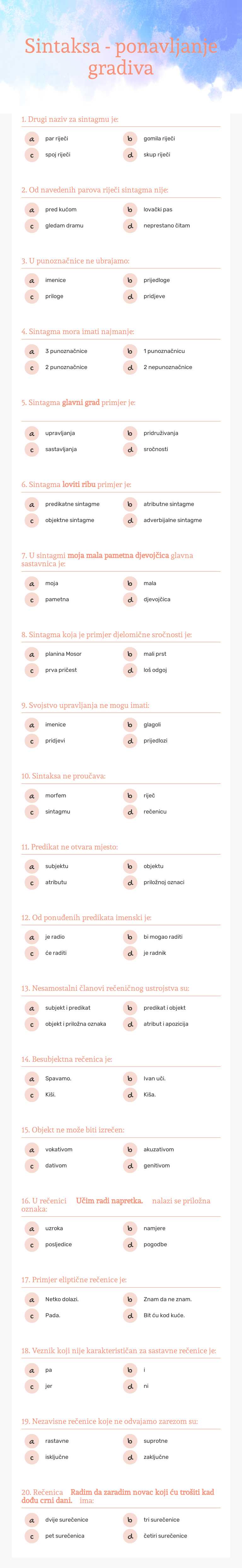 Sintaksa - ponavljanje gradiva Grade 11 worksheet preview