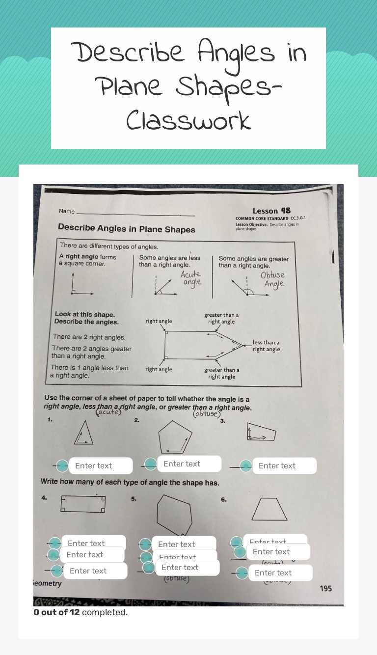 Describe Angles in Plane Shapes- Classwork worksheet preview
