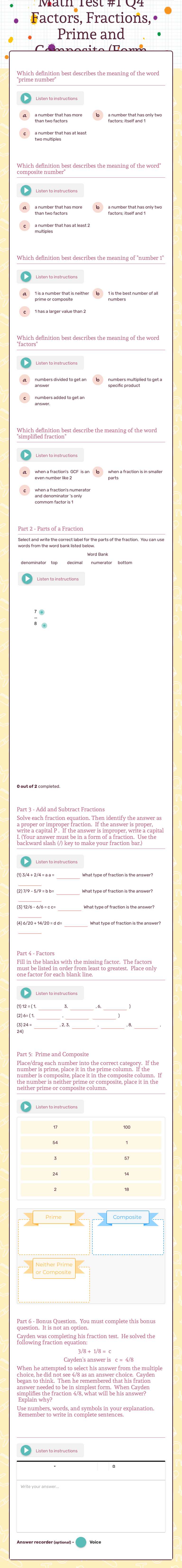 Math Test #1 Q4 Factors, Fractions, Prime and Composite     (Form B) Grade 4 worksheet preview