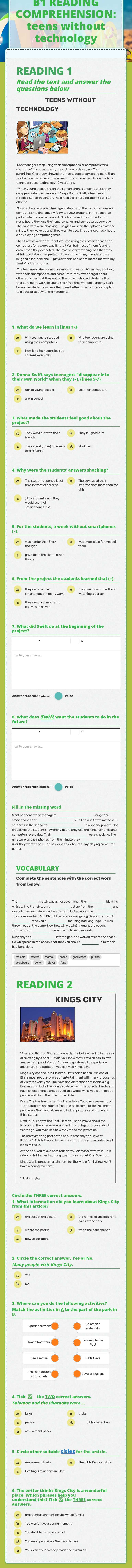B1 READING COMPREHENSION: teens without technology Grade 6 worksheet preview