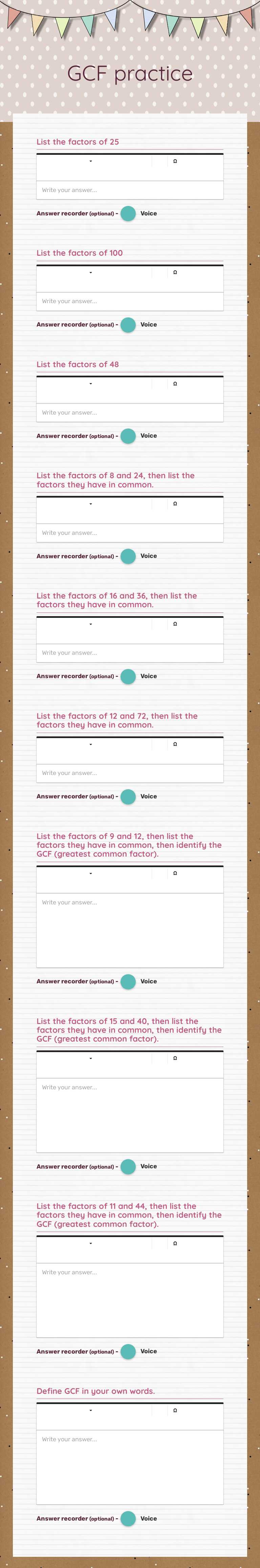 GCF practice worksheet preview image
