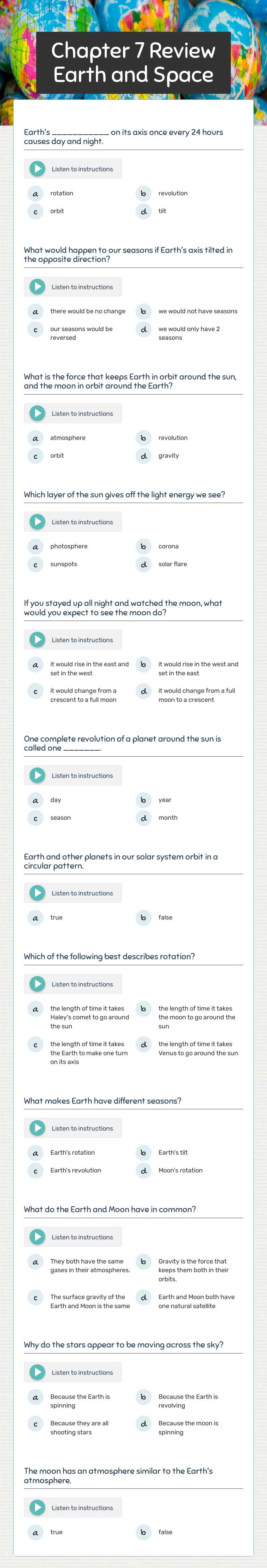 Chapter 7 Review Earth and Space Grade 5 worksheet preview