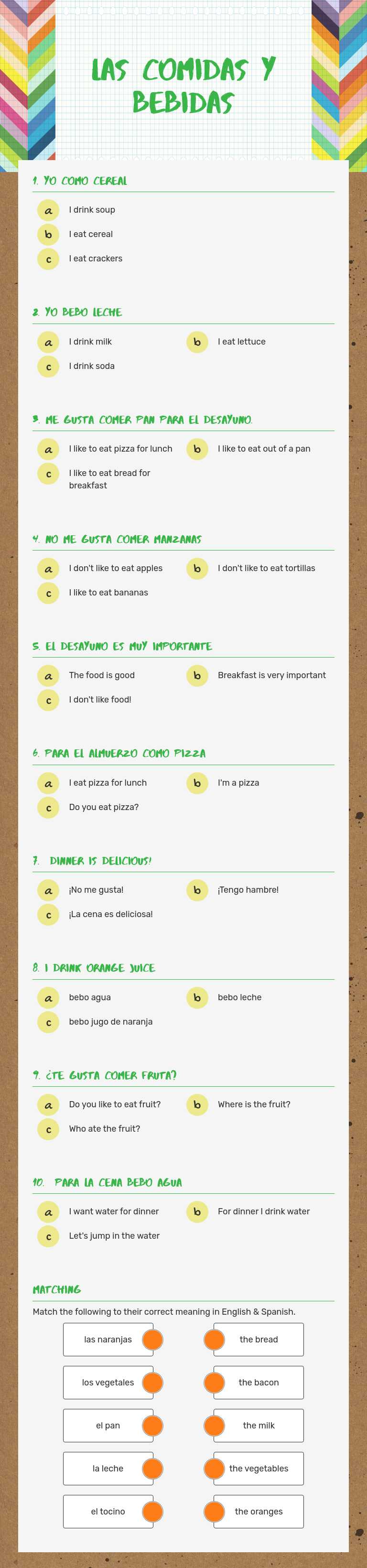 Las comidas y bebidas worksheet preview image