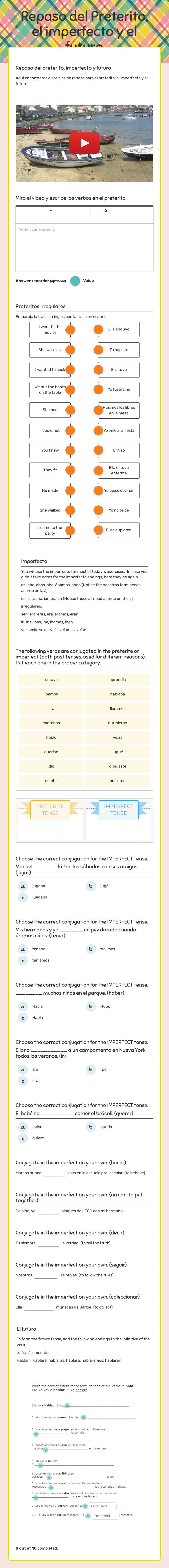Repaso del Preterito, el imperfecto y el futuro worksheet preview image