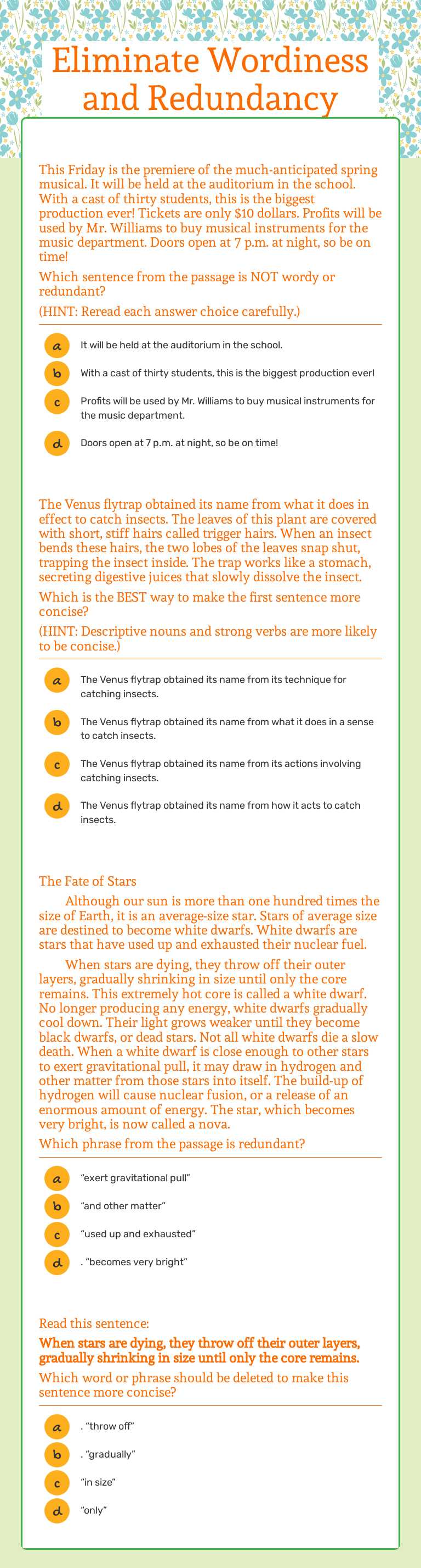 Eliminate Wordiness and Redundancy Grade 7 worksheet preview
