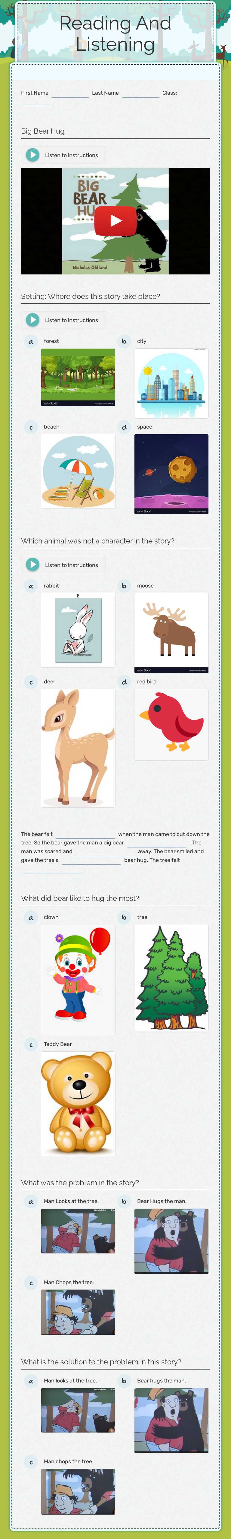 Reading And Listening Grade 1 worksheet preview