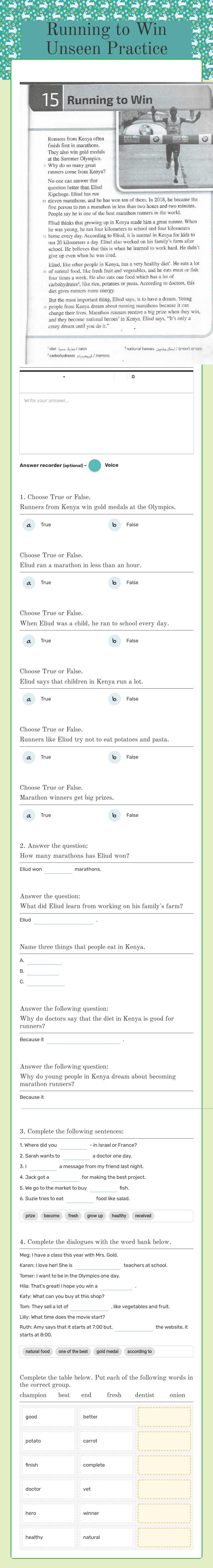 Running to Win   
 Unseen Practice worksheet preview image