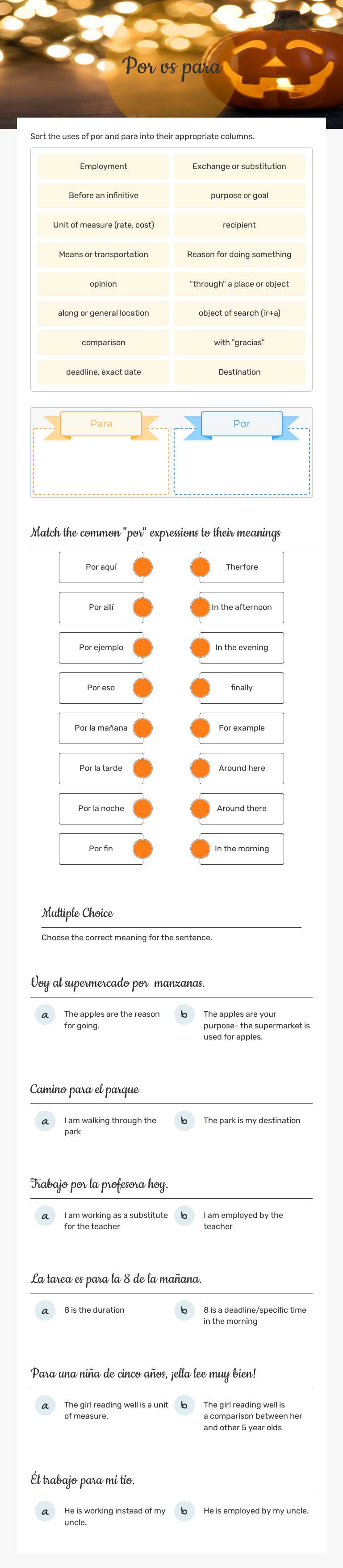 Por vs para worksheet preview image
