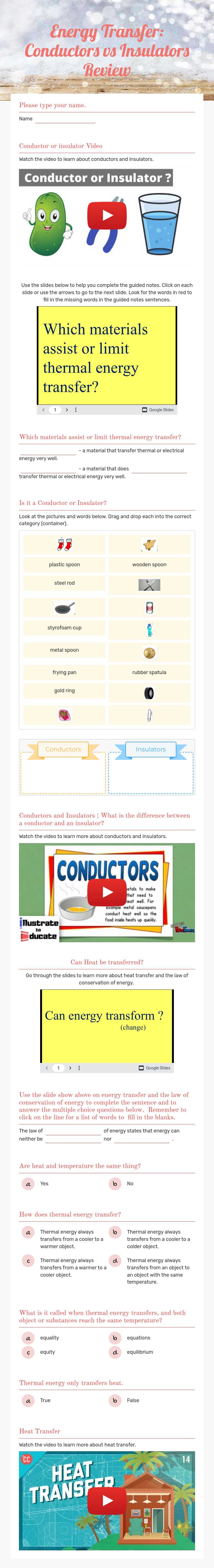 Energy Transfer: Conductors vs Insulators Review worksheet preview image