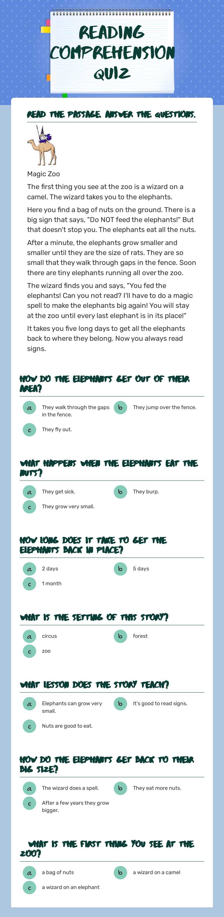 Reading Comprehension Quiz worksheet preview image