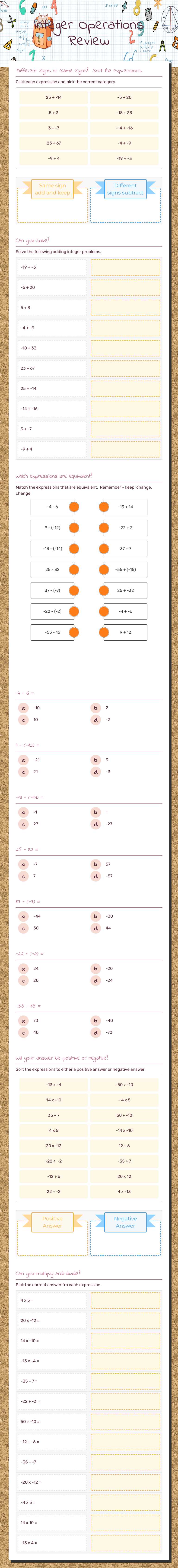 Integer Operations Review worksheet preview image