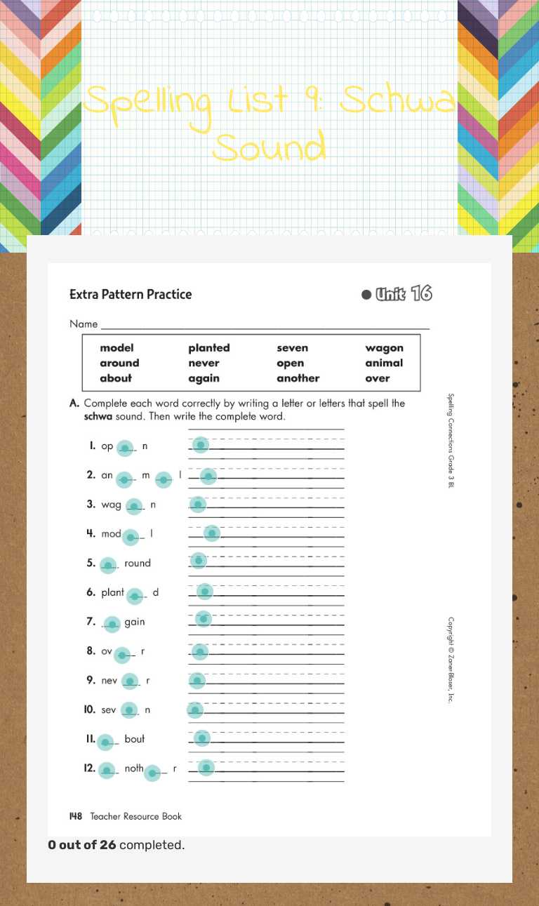 Spelling List 9: Schwa Sound Grade 3 worksheet preview