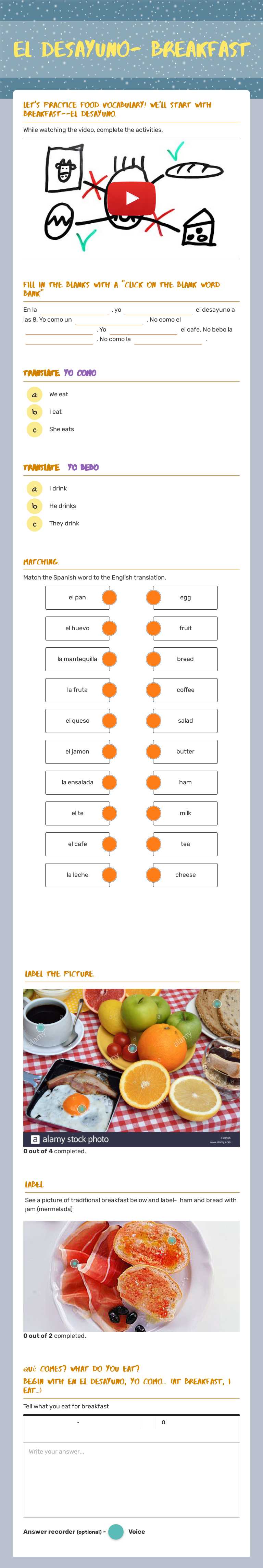 El desayuno- Breakfast Grade 9 worksheet preview