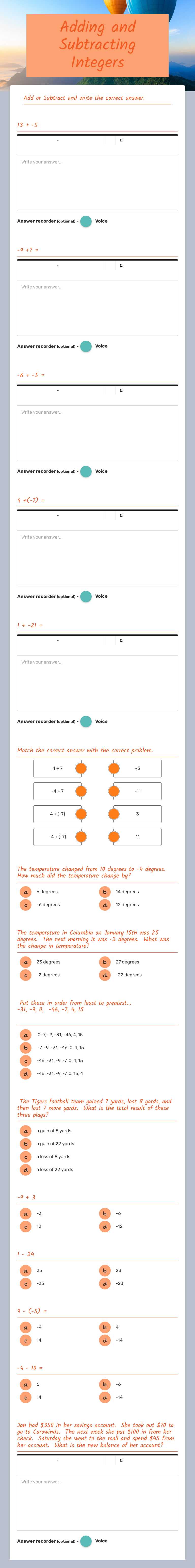 Adding and Subtracting Integers worksheet preview image