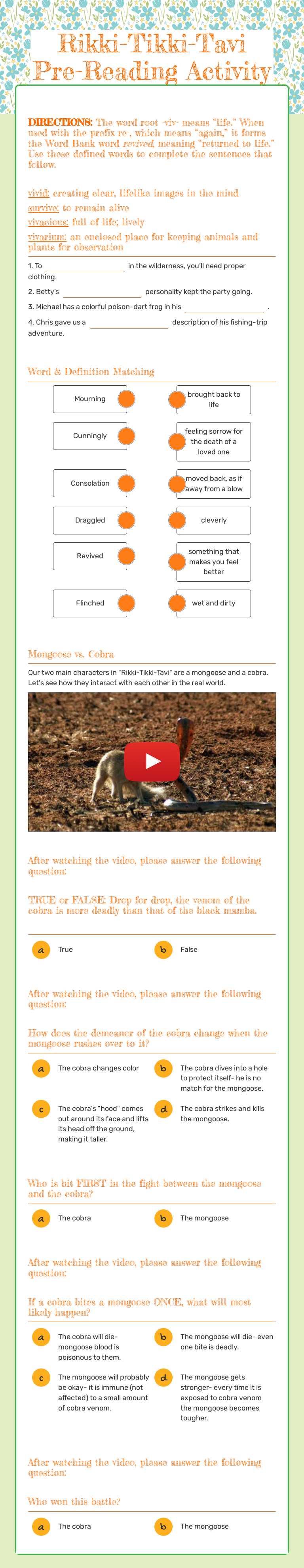 Rikki-Tikki-Tavi Pre-Reading Activity worksheet preview image