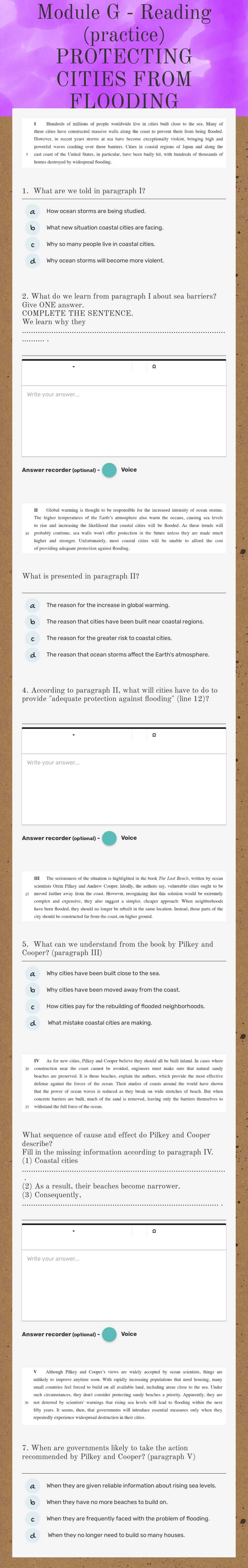 Module G - Reading (practice)
PROTECTING CITIES FROM FLOODING worksheet preview image