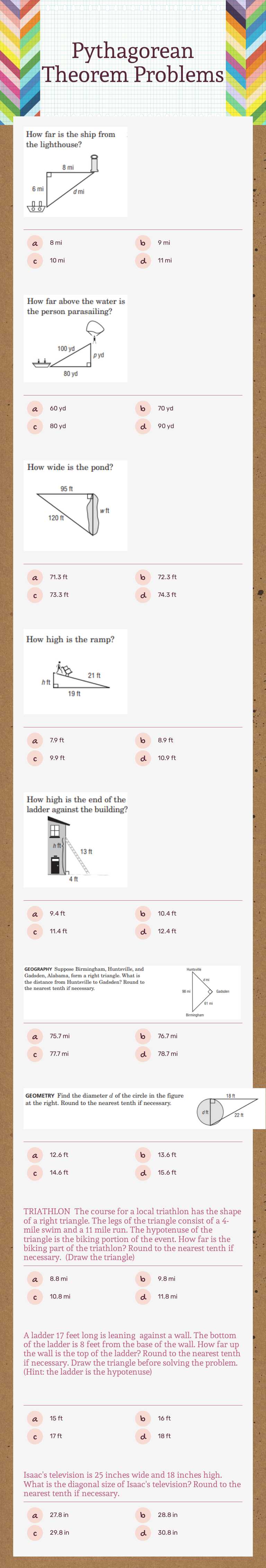 Pythagorean Theorem Problems worksheet preview image