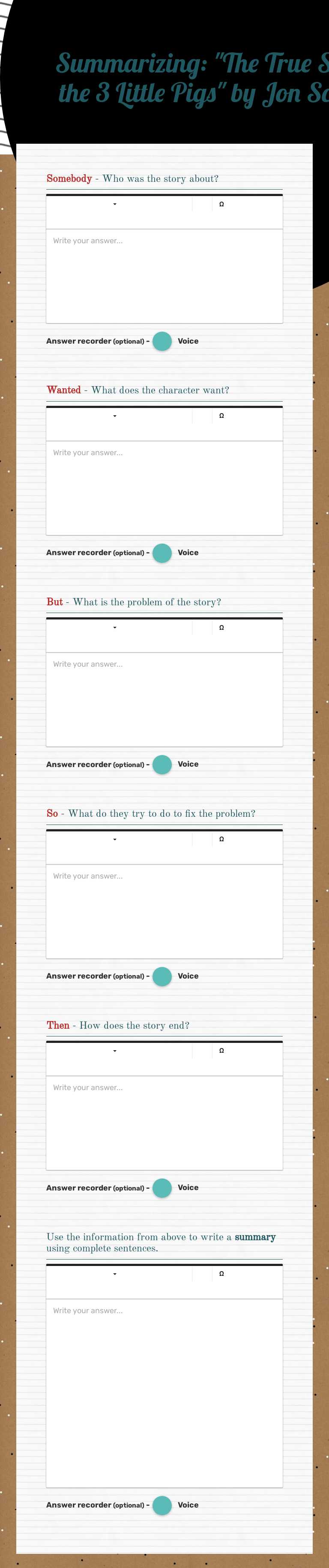 Summarizing: 
"The True Story of the 
3 Little Pigs" 
by 
Jon Scieszka Grade 3 worksheet preview