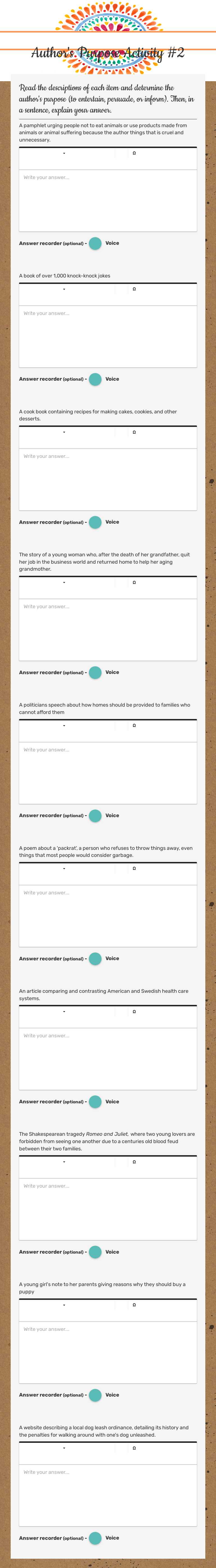Author's Purpose Activity #2 worksheet preview image