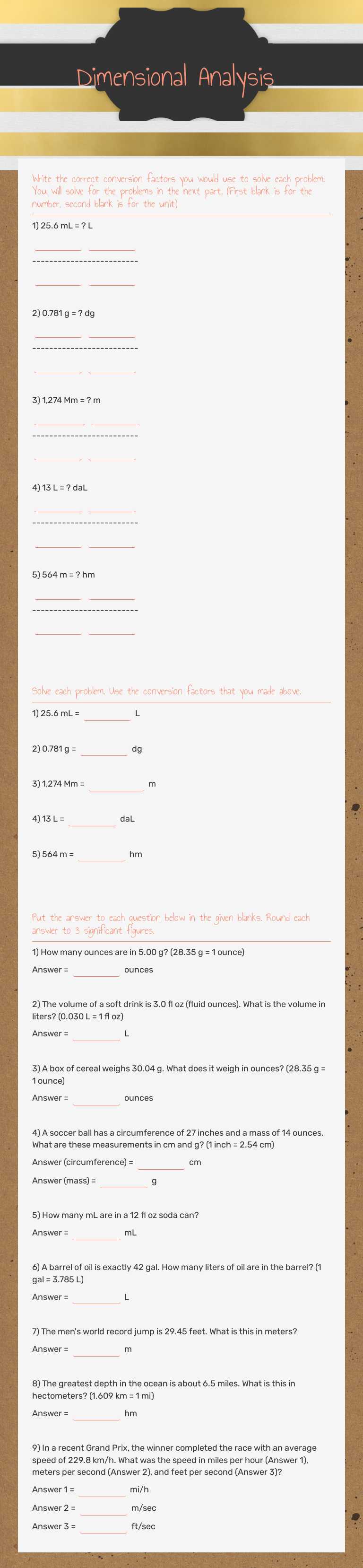 Dimensional Analysis worksheet preview image