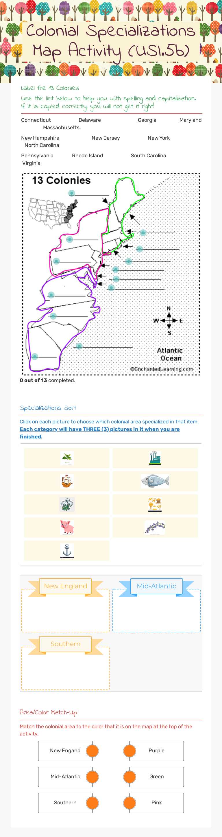 Colonial Specializations Map Activity (USI.5b) worksheet preview image