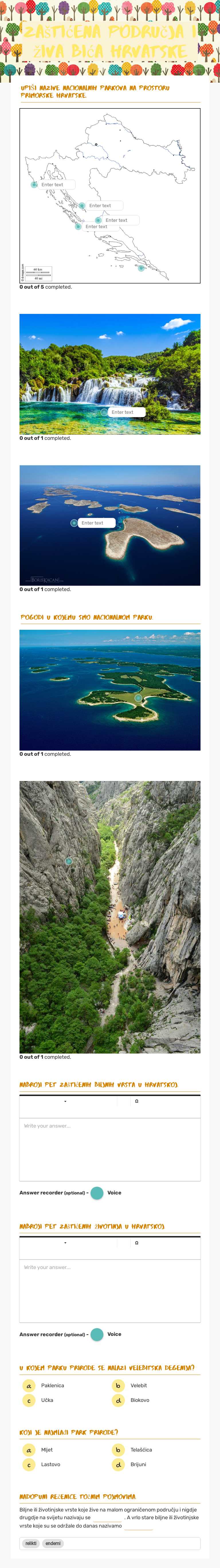 Zaštićena područja i živa bića Hrvatske worksheet preview image